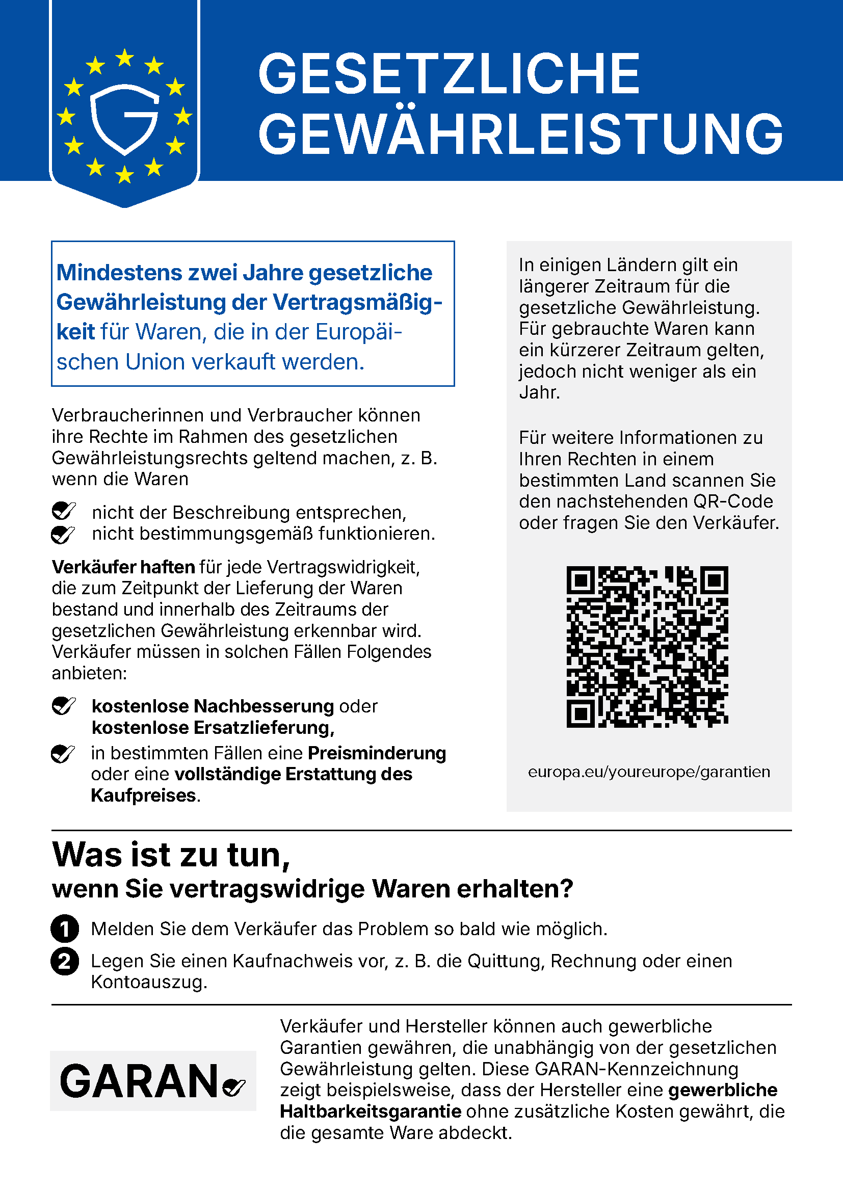 EU-Hinweis Gesetzliche Gewährleistung: Mindestens zwei Jahre gesetzliche Gewährleistung der Vertragsmäßigkeit für Waren, die in der Europäischen Union verkauft werden. Verkäufer haften für Vertragswidrigkeiten und müssen kostenlose Nachbesserung oder Ersatzlieferung, in bestimmten Fällen Preisminderung oder Erstattung anbieten. Weitere Informationen: europa.eu/youreurope/garantien